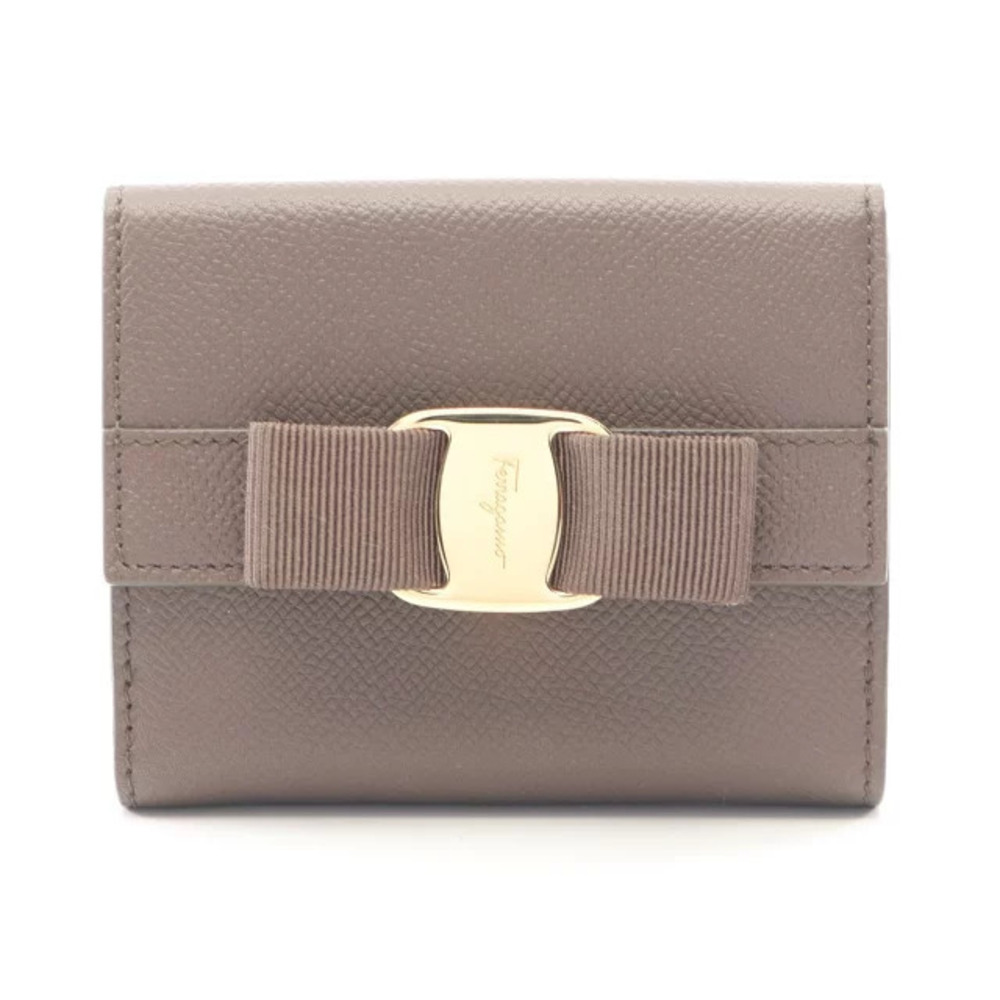 Salvatore Ferragamo Vara Ribbon Bifold Wallet Leather Beige Shoulder Bag Tan